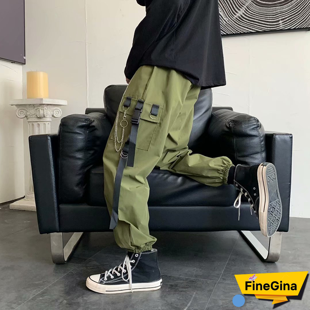 New Men's Side Pockets Cargo Harem Ribbons Black Hip Hop Casual Male Joggers Trousers Fashion Streetwear Pants