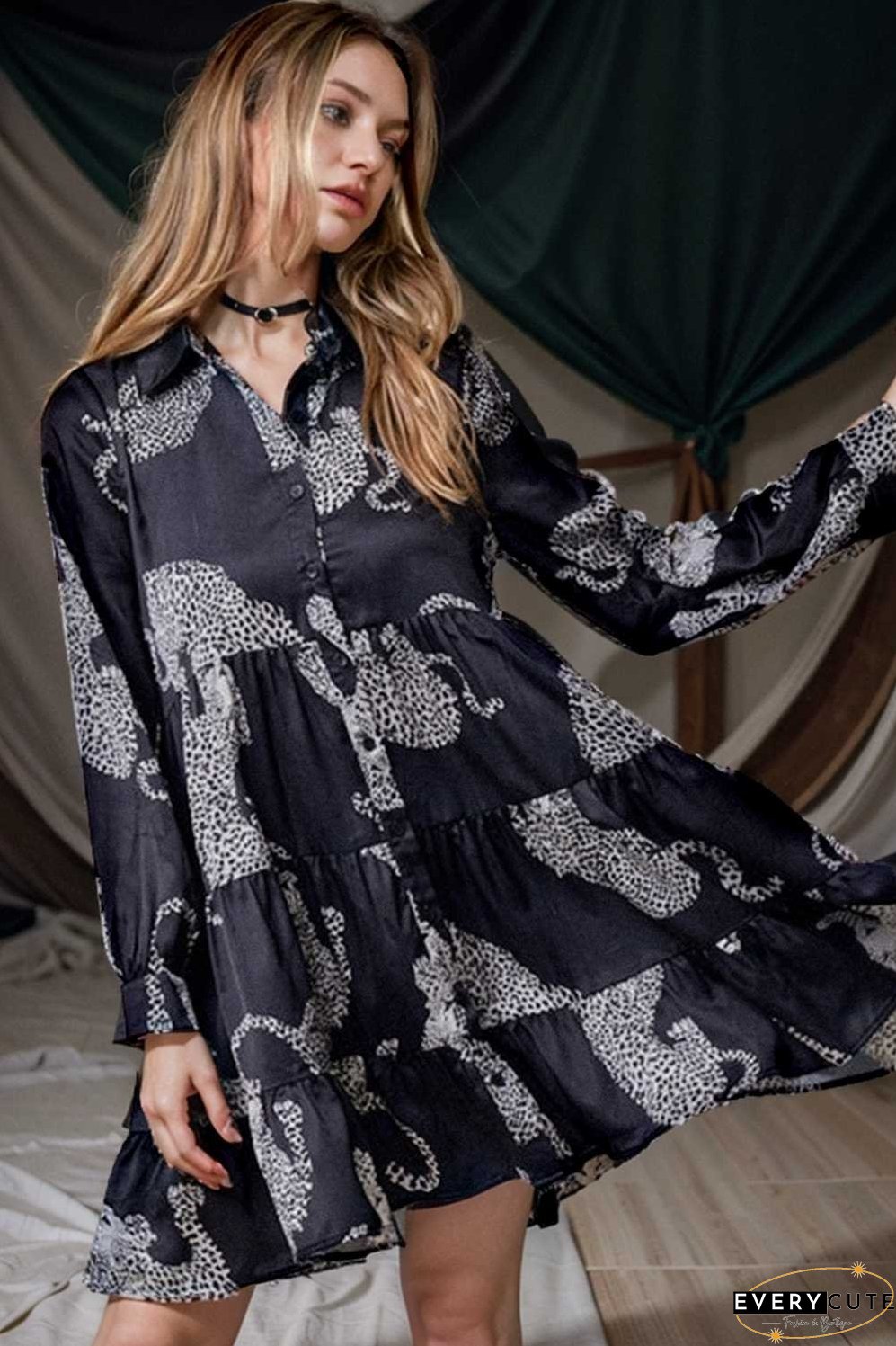 leopard print collared button up shirt dress with ruffled sleeves