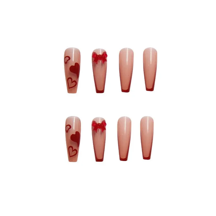 24pcs Jelly Burgundy Color Coffin Press On Nail tips With Bow Love Heart Print Full Cover Fake Nails  Wearable Nail Art Tips-Nail Inspo