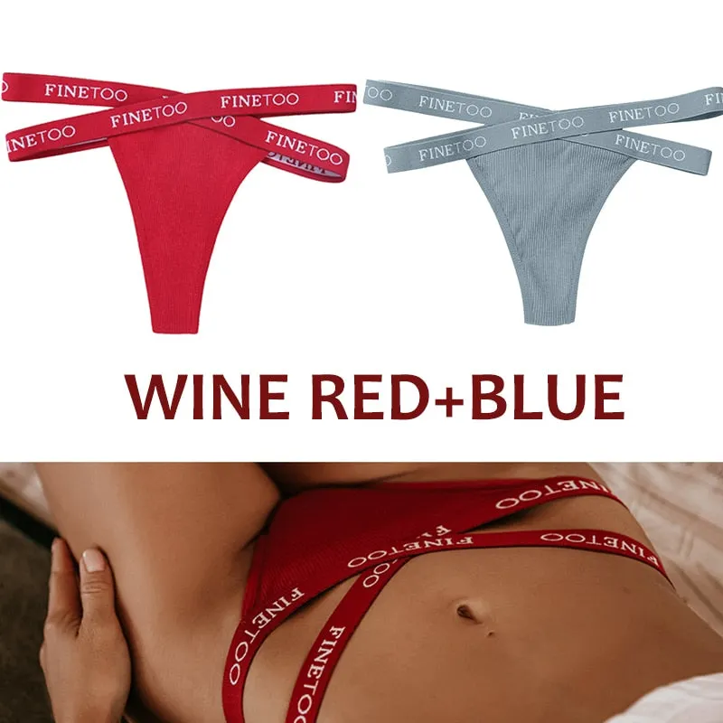 FINETOO 2PCS/Set Women's Cotton G-string Sexy Cross Strap Panties Letter Waisted Underwear Thongs Femme Hollow Out Lady Briefs