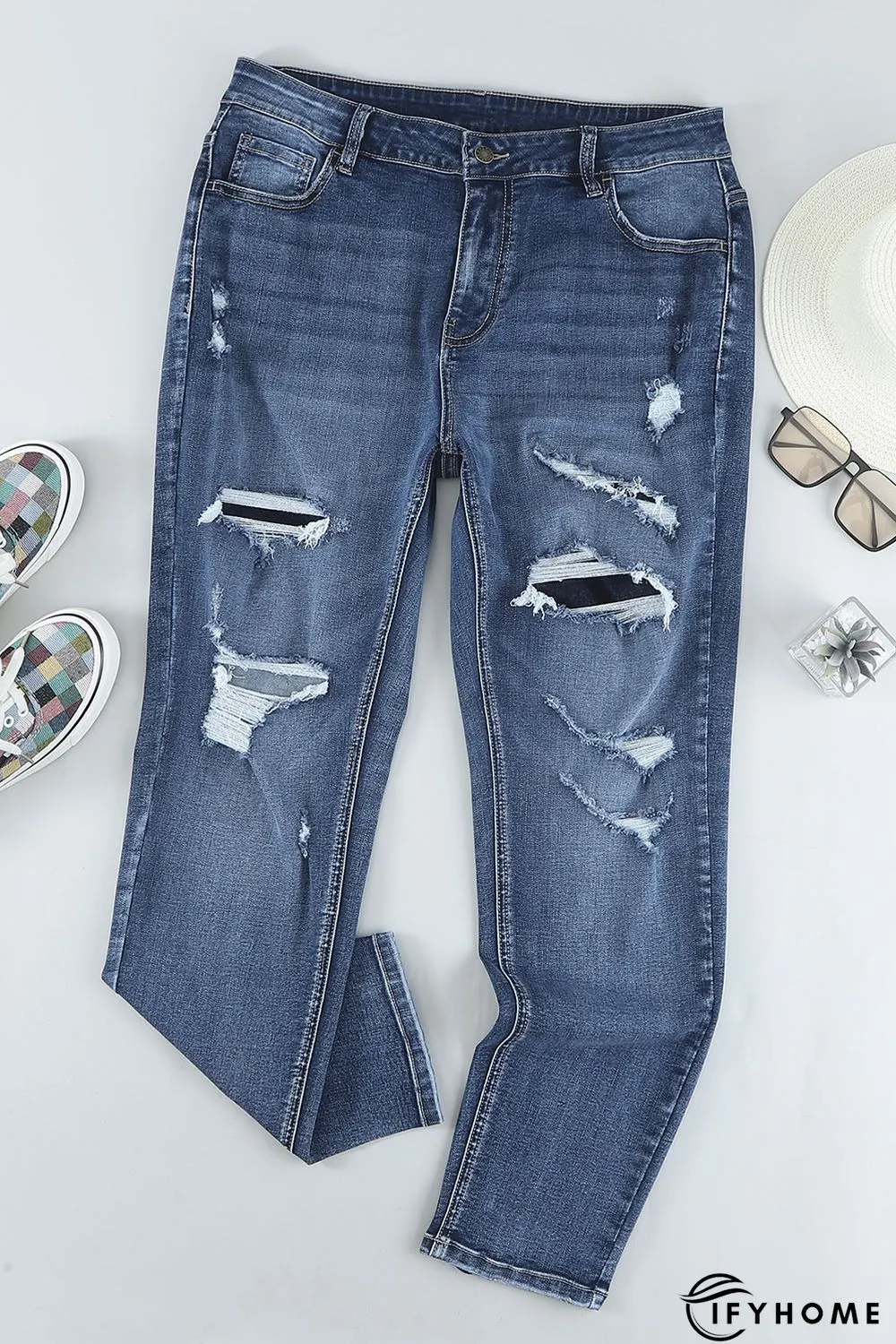 Blue Distressed High Waist Plus Size Jeans | IFYHOME