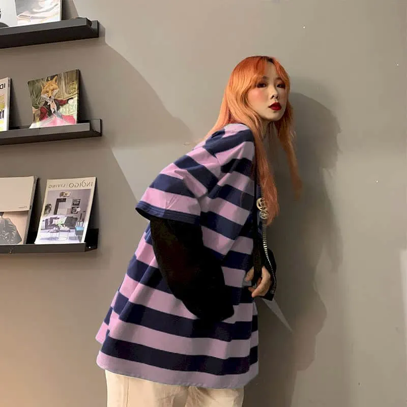 Korean Harajuku Fake Two Striped Long-sleeved T-shirt Loose Plus Size Clothes Vintage Tops Goth Women Clothes Woman Tshirts