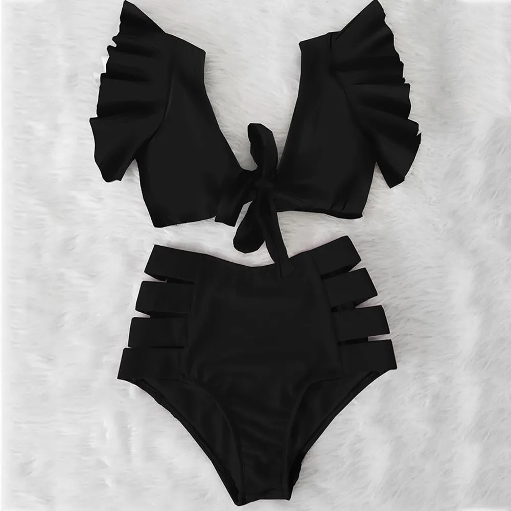 High Waist Ruffled Sexy Bikini Set 2022 Flounce Biquini Swimwear Women Two Pieces Swimsuit Floral Beachwear V-Neck Bathing Suit