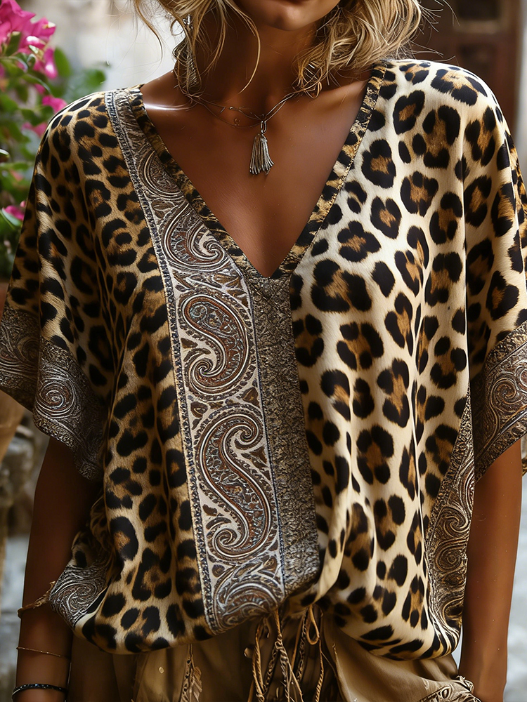 Comstylish Women's Leopard And Paisley Patchwork Art Print Linen Blend Short Sleeve Top