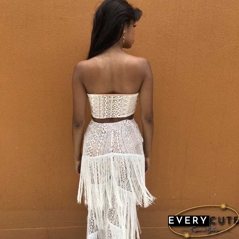 Front Tie Lace Bandeau Top & Flared Tassel Pants