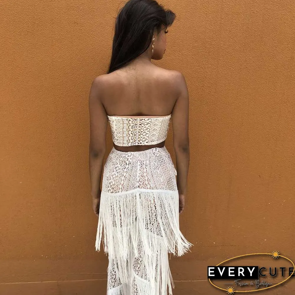 Front Tie Lace Bandeau Top & Flared Tassel Pants