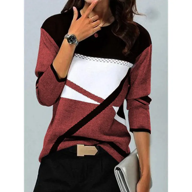 Brownm Loose Color Printed Round Neck Long Sleeve T-shirt
