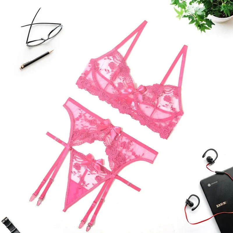 Ellolace Women's Underwear Lace Lingerie Set Transparent Bra Erotic 3 Piece Underwire Brief Sets Bilizna Black Setup Ladies