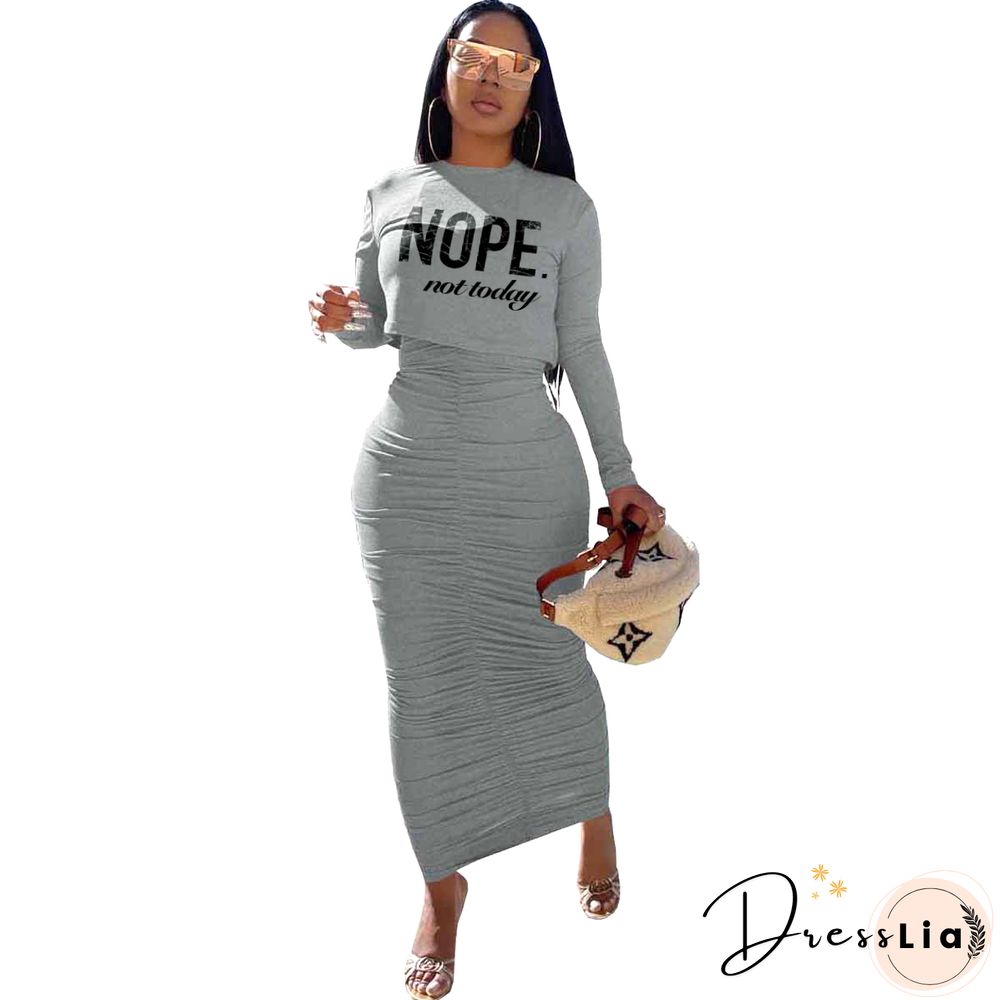 Letter Print Ruched Bodycon Two Piece Dresses Set