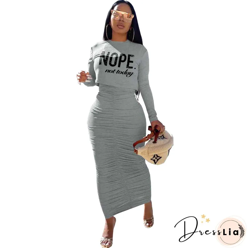 Letter Print Ruched Bodycon Two Piece Dresses Set