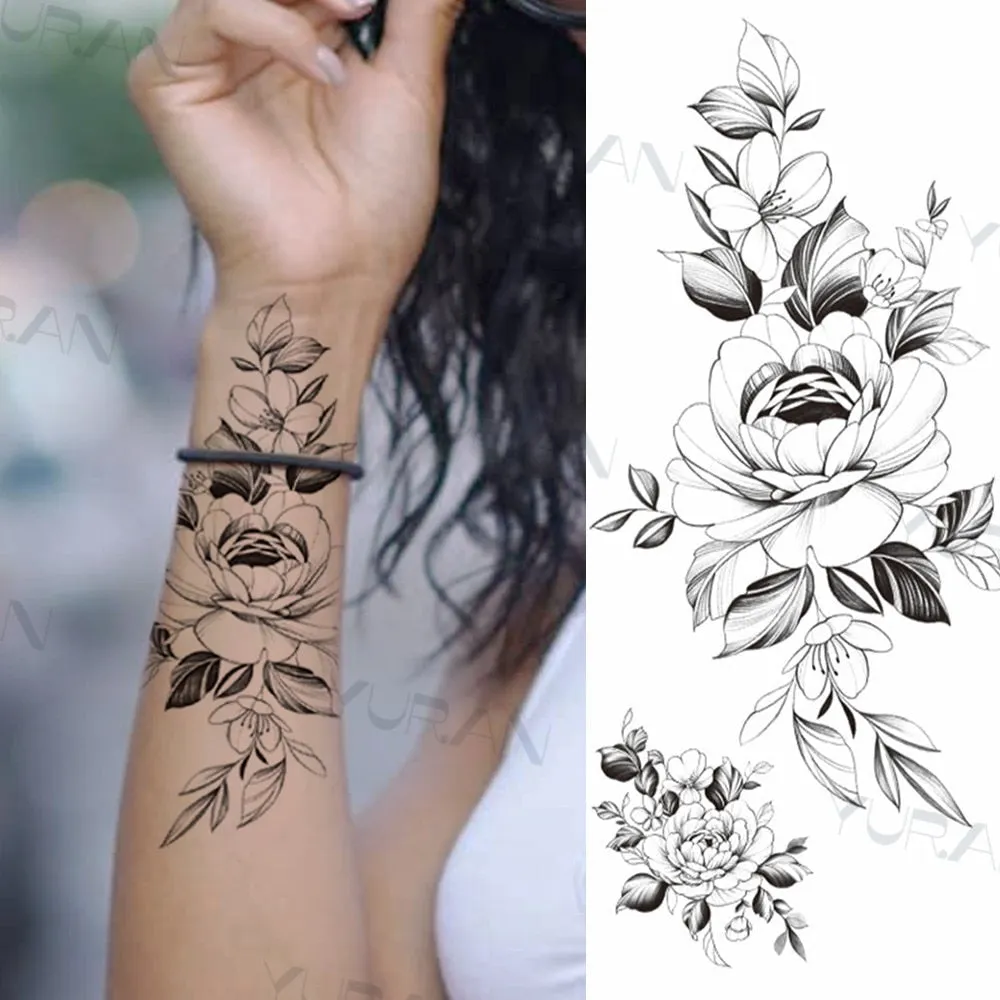 Black Large Snake Flower Fake Tattoo Sticker For Women Dot Rose Peony Temporary Tattoos DIY Water Transfer Tatoos Girls 530