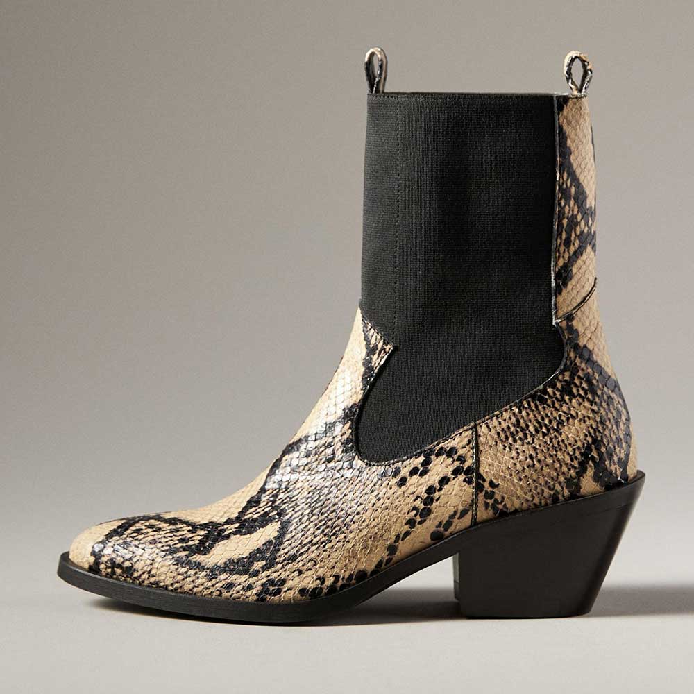 Beige & Black Python Embossed Almond Toe Chunky Heel Ankle Boots