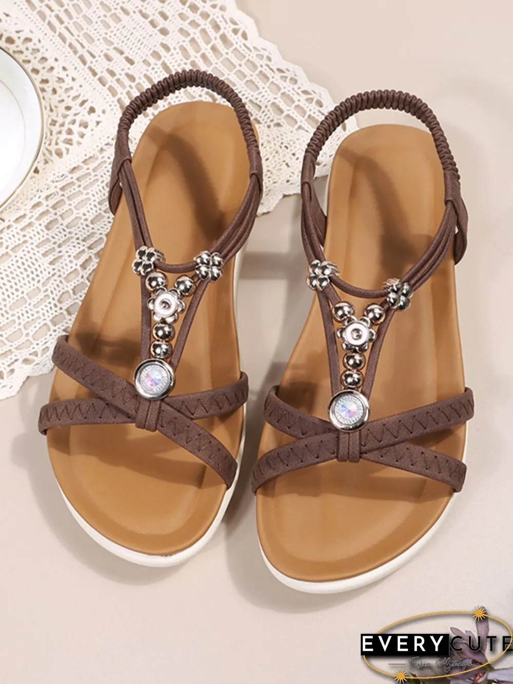 Moonstone Beaded Thin Strap Cross Boho Casual Sandals