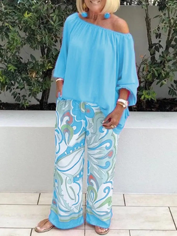 Women's Printed Pants One Shoulder Top Casual Suit