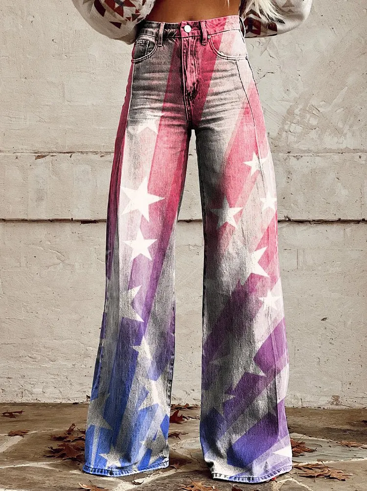 Women's Print Casual Wide Leg Pants Colourful Striped Star Print