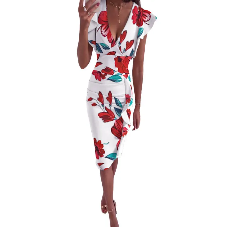 Uveng Uveng New Multi-Color Printing Dress V Collar Lotus Edges Sexy High-Waisted Dress