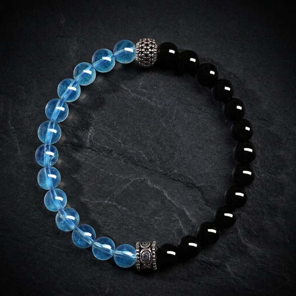 Celestial Balance: Natural Obsidian & Aquamarine S925 Silver Bracelet Petite 6mm - Obsidian & Aquamarine