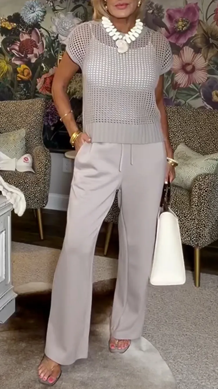 Women's Crew Neck Open-Knit Top + Drawstring Flared Pants Set