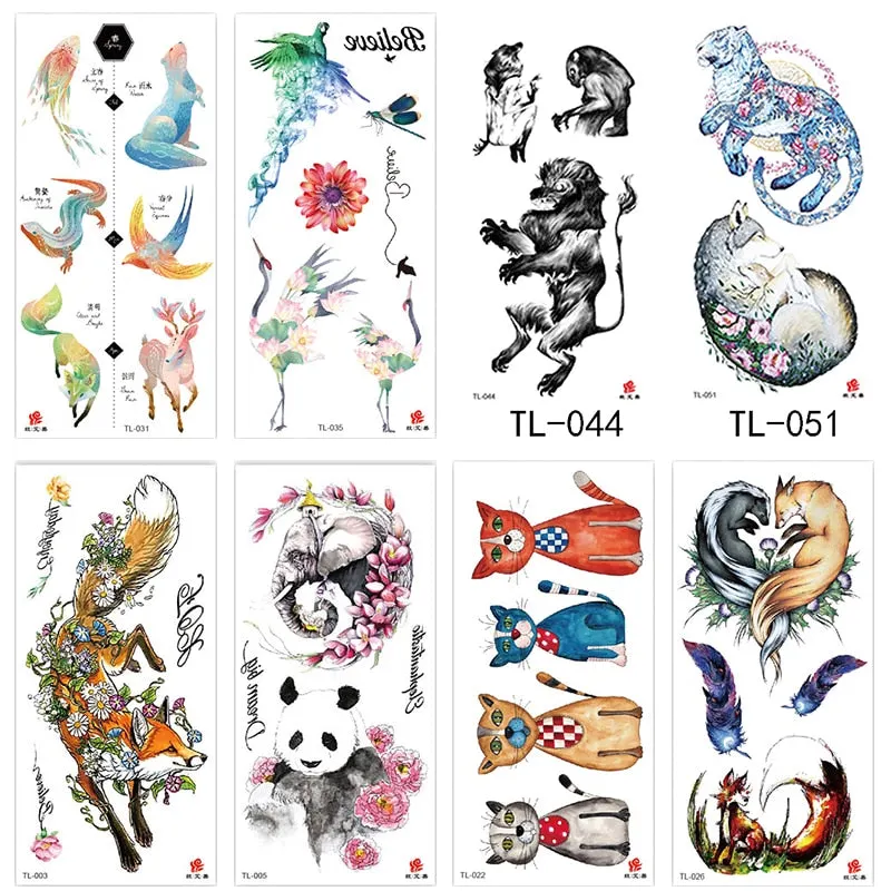 1~8 pieces of animal plants wolf bear bird art tattoo stickers disposable waterproof temporary tattoo stickers for men and women