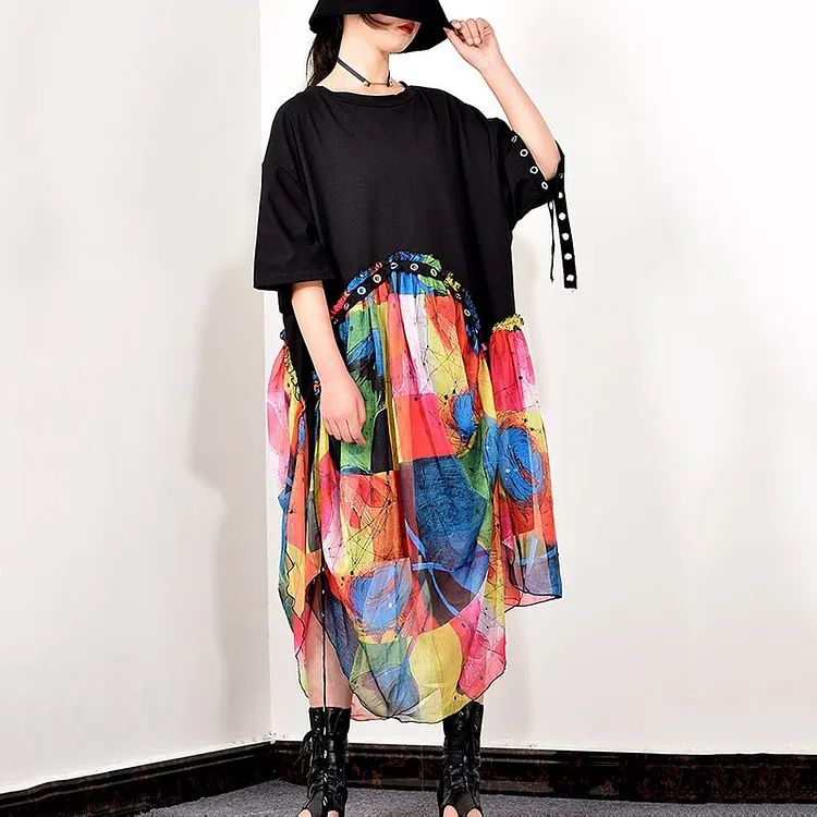 Street Loose O-neck Asymmetric Patchwork Colorful Chiffon Splicing Band Half Sleeve Dress