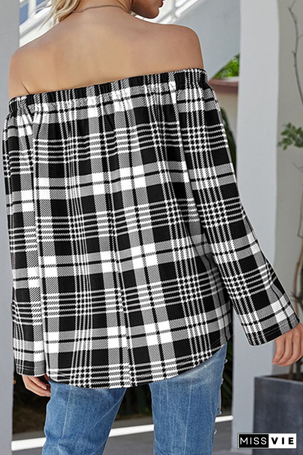 Casual Plaid Split Joint Off the Shoulder Tops