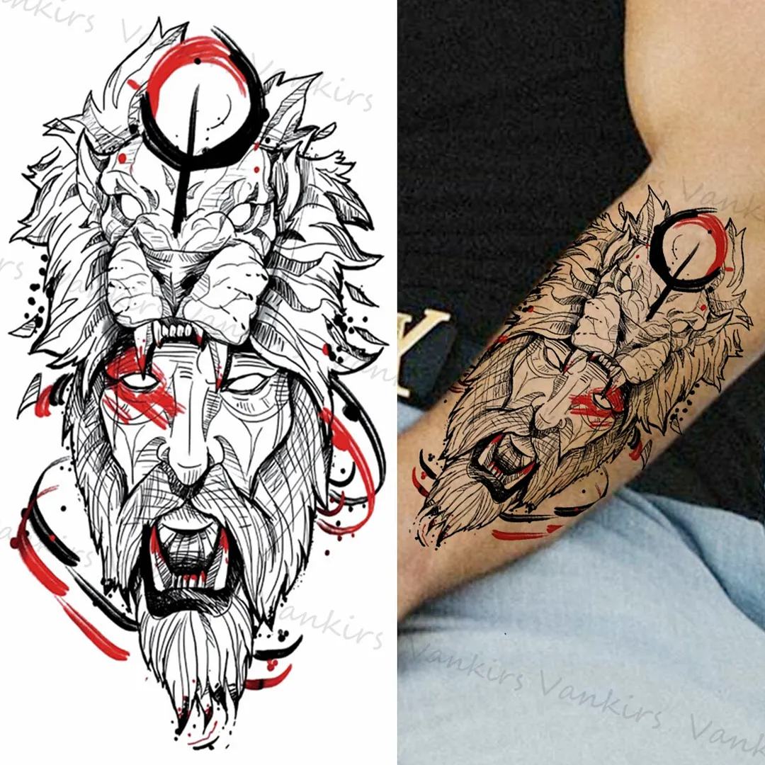 Sdrawing Lion Crown Temporary Tattoos For Women Men Wolf Compass Tiger Mountain Flower Fake Tattoo Sticker Arm Body Tatoos