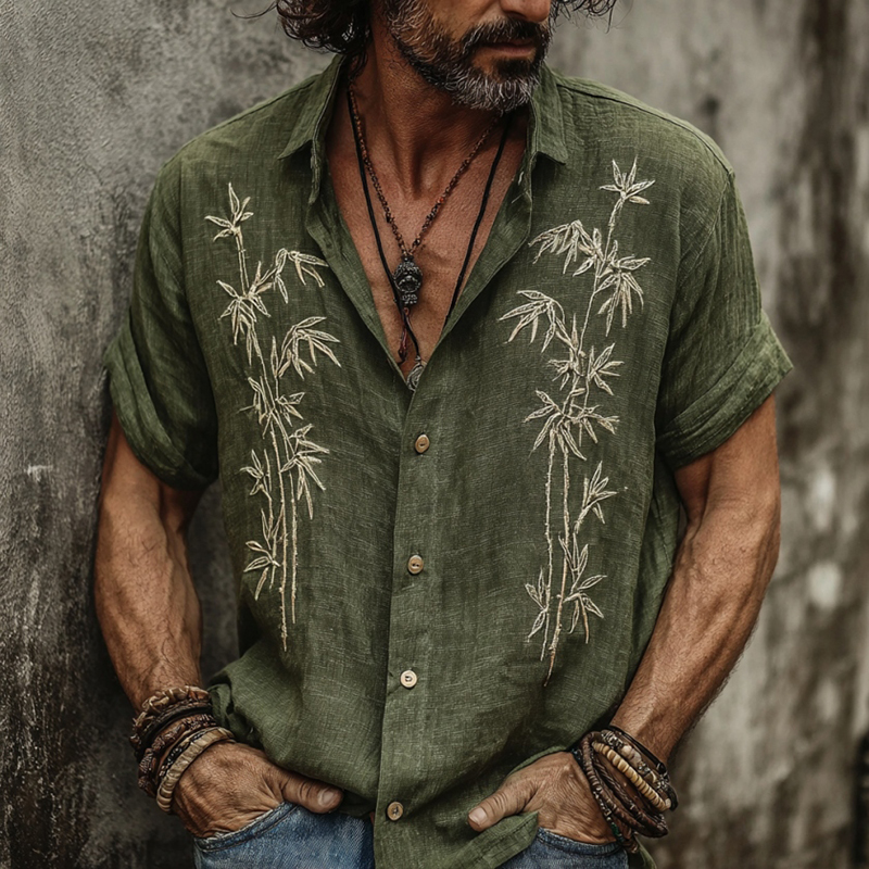 Comstylish Vintage Bamboo Embroidery Pattern Design Casual Linen Shirt