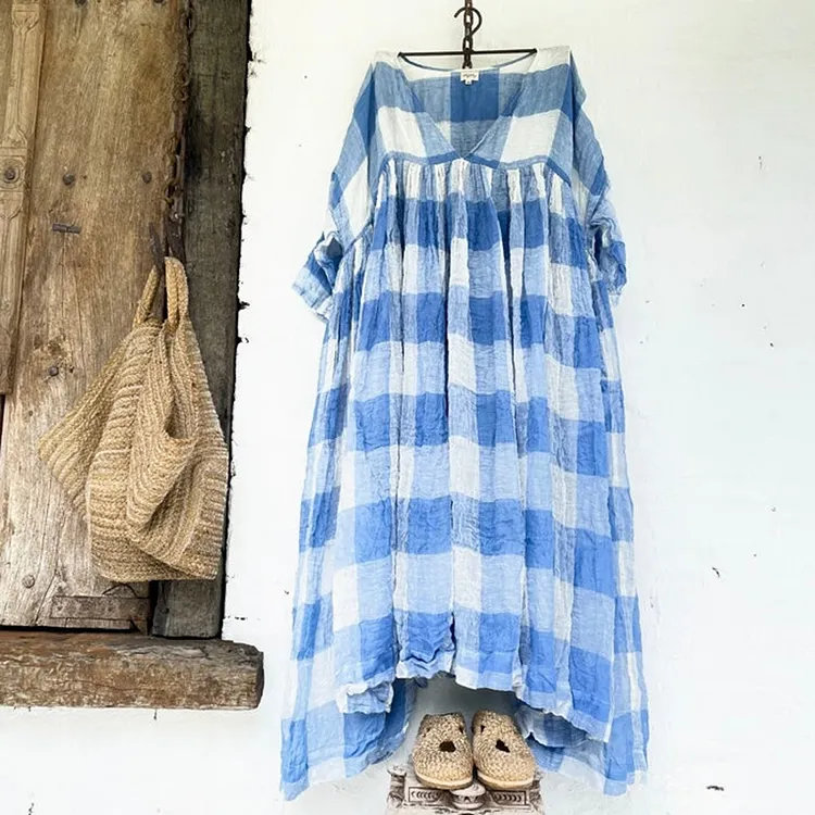 Plaid Patchwork Comfortable And Loose V-Neck Large Swing Maxi Dress