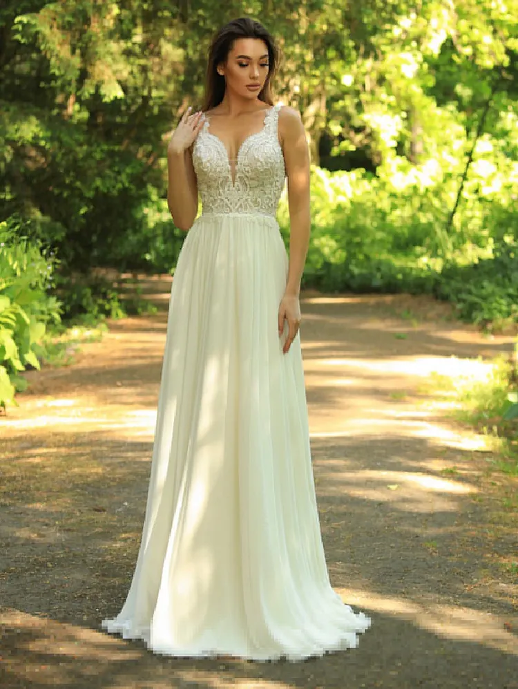 Women's Wedding Dress Lace Double V-Neck Sleeveless Evening Dress