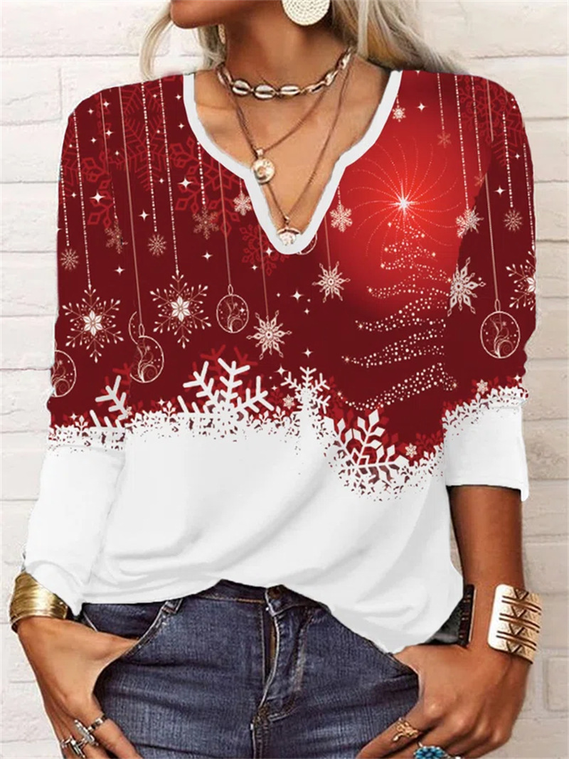 Christmas U-Neck Button T-shirt