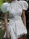 Crochet Hollow Puff Sleeves Mini Dresses
