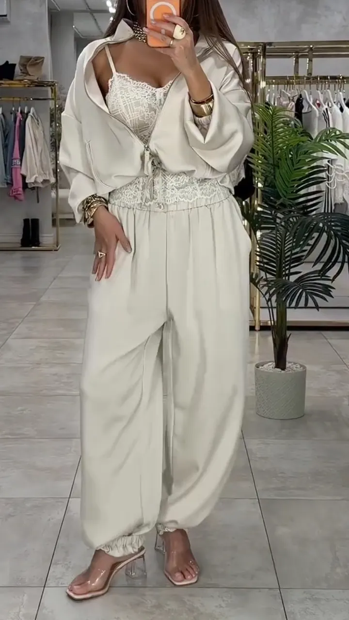Beige Satin Zip Up Hoodie and JoggersLeg Pants 2 Piece Set