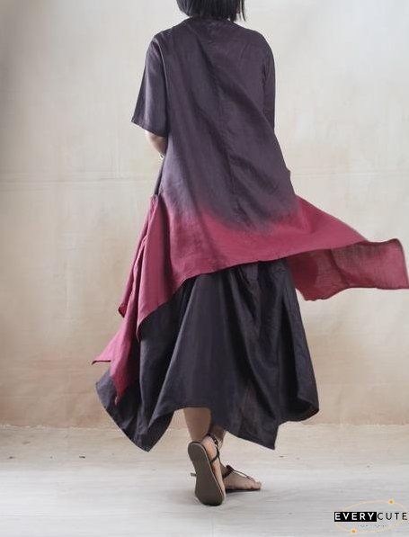 Burgundy gradient Asymmetric linen sundress plus size long maxi dress Two pieces