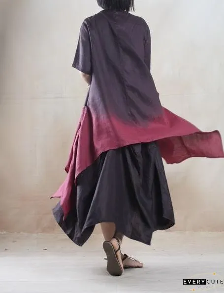 Burgundy gradient Asymmetric linen sundress plus size long maxi dress Two pieces