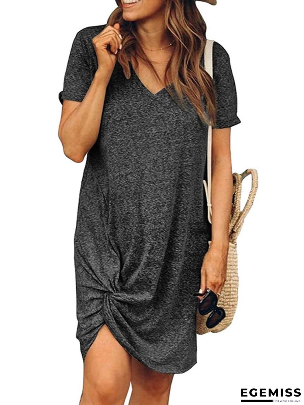 Summer Women's Round-necked Short-sleeved Side Knotted Dress | EGEMISS