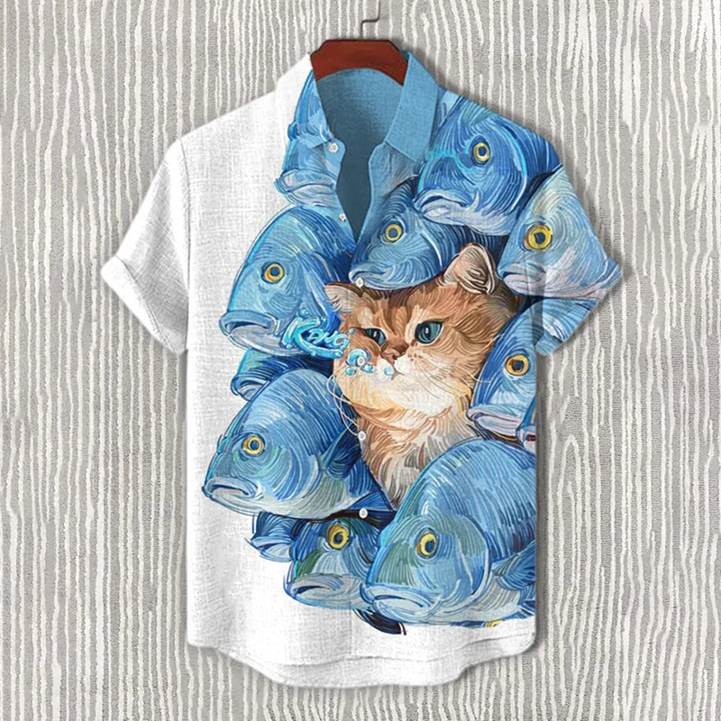 Men's Cute Cat In A School Of Fish Print Short Sleeve Shirt