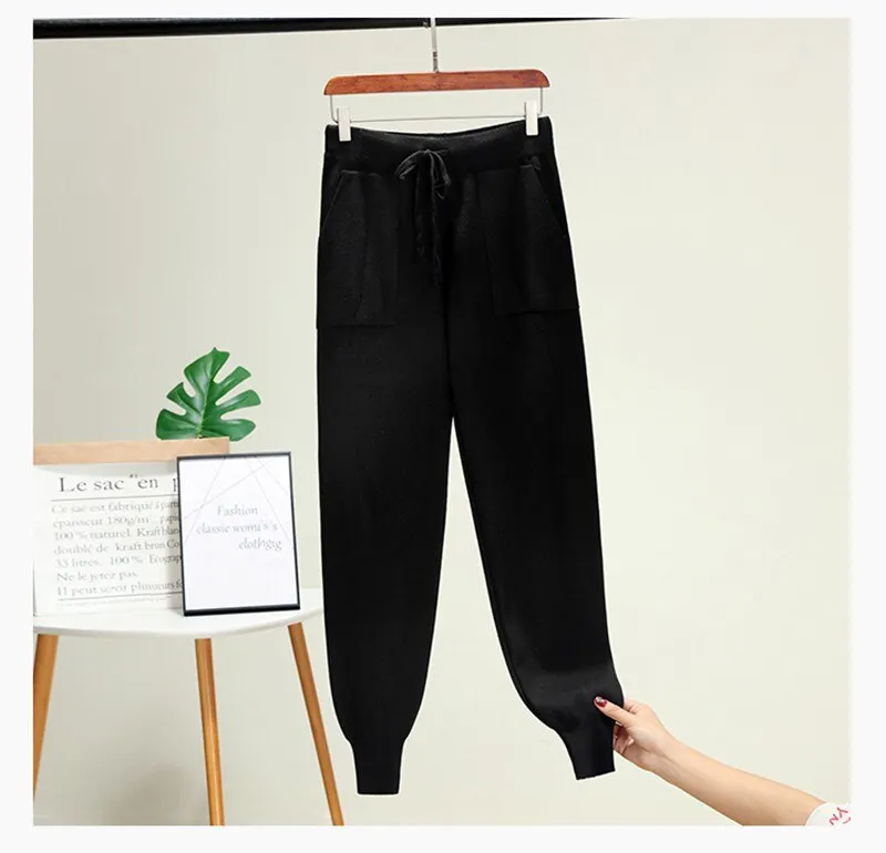Women Elastic Waist Drawstring Trousers Thick Knitted Harem Pants Autumn Winter Sport swear Women'S Pants New Bottoms