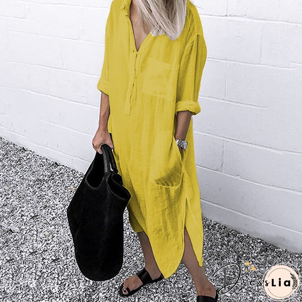 S-5XL Women Side Slit Cotton Long Dress Spring Solid Color Long Shirt Dress Kaftan Dress