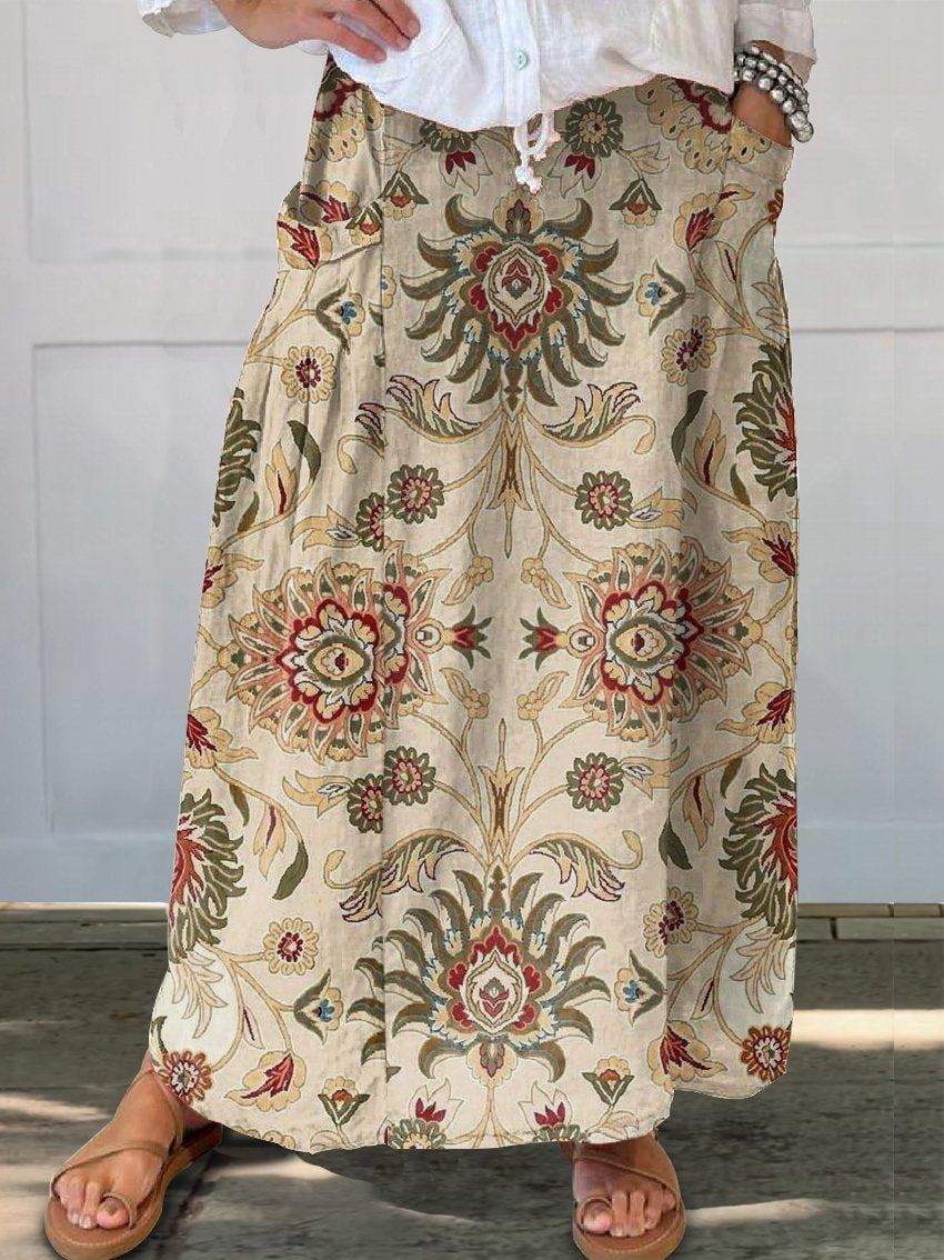 Women's Retro Art Print  Linen Pocket Skirt