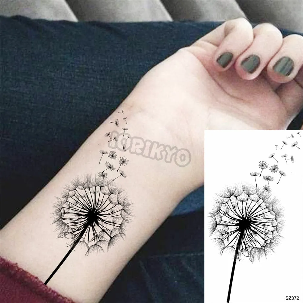 Black Dandelion With Creative Tattoos For Women Men Realistic Sea Wave Mountain Lavender Fake Tattoo Sticker Arm Leg Tatoos 3D