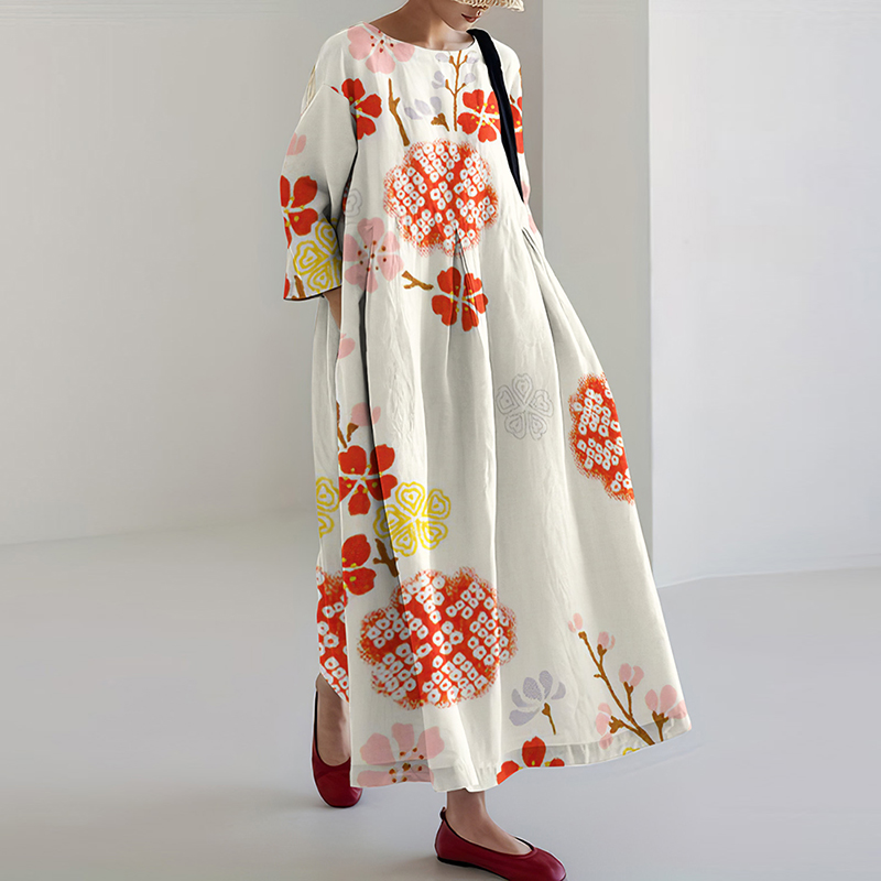Japanese Art Flower Print Loose Casual Midi Dress artswardrobe