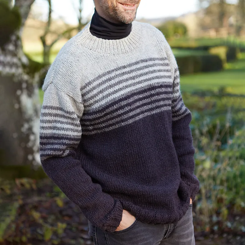 Vintage Warmth Striped Knit Jacquard Icelandic Crew Neck Sweater（Unisex ）