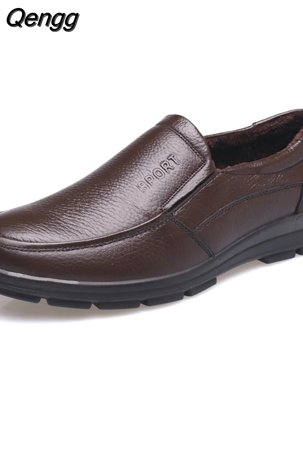 Qengg Leather Shoes Men Winter Shoes Brand Loafers Warm Plush Leather Loafers Mens Casual Shoes Male High Quality Black A444