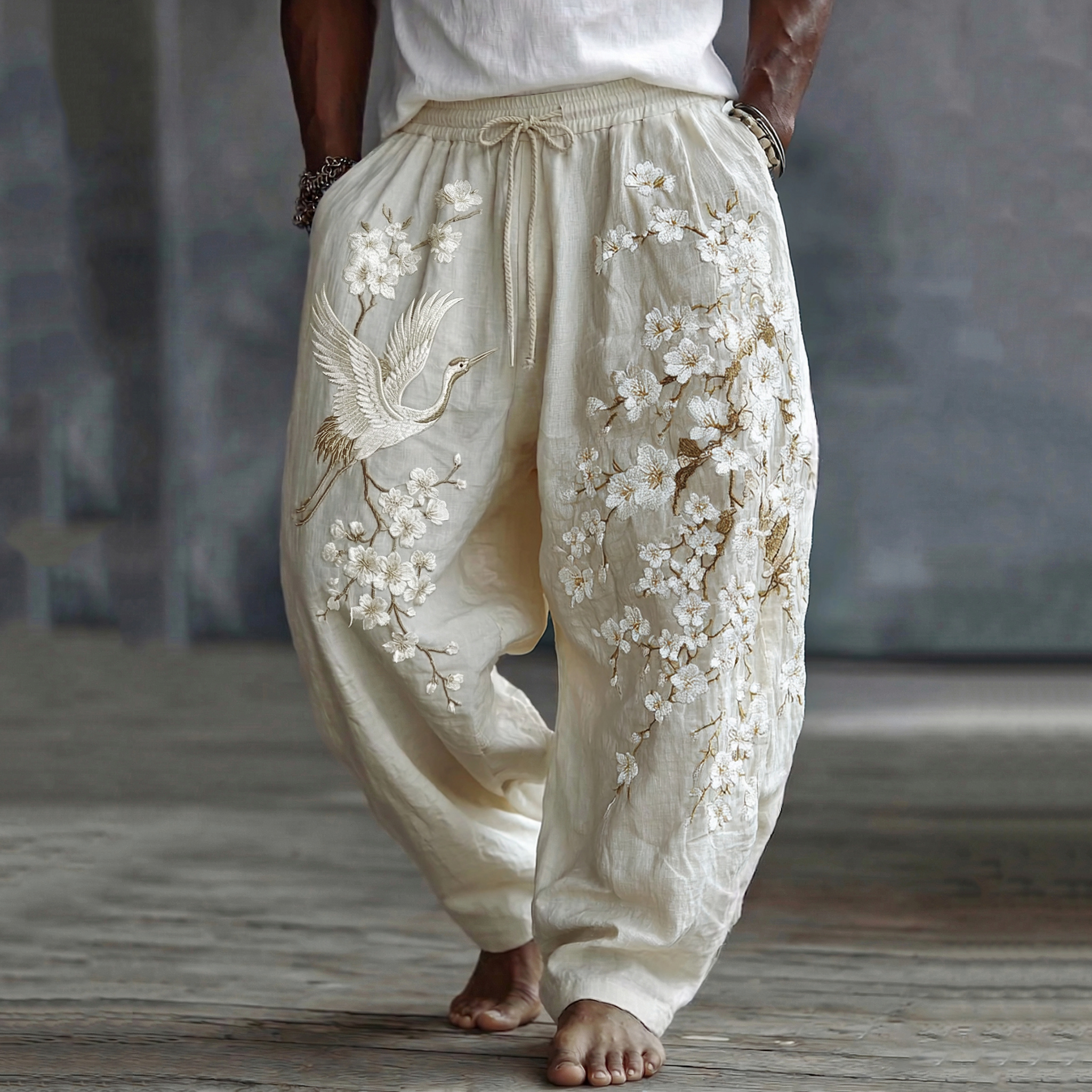 Men's Japanese Style White Almond Blossom And Cranes Art Cotton Linen Vintage Pants elevenforest