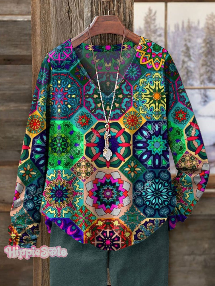 Women&rsquo;s Abstrct Floral Art Print Casual V-Neck Long Sleeve T-Shirt Multicolor / S