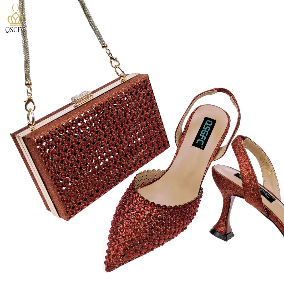 QSGFC New Arrival Popular Cutout Style In Nigeria Italian Design Elegant D.Purple Color Ladies Shoes and Bag For Party Wedding