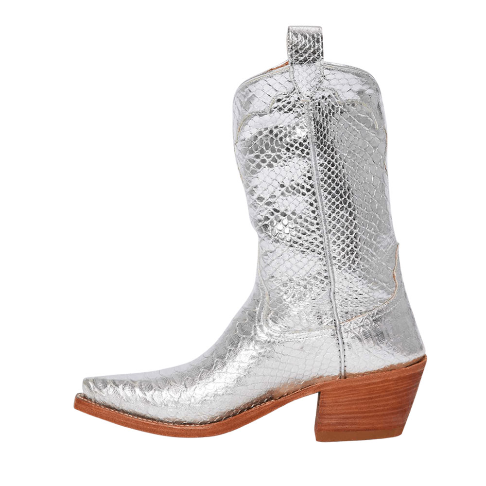 Metallic Silver Pointed Toe Mid-Calf Cowgirl Boots with Chunky Heel