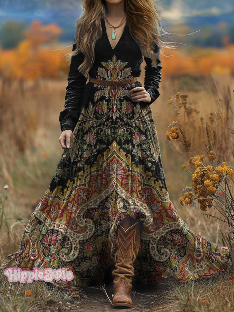 Women&rsquo;s Bohemian Ethnic Art Print V-Neck Long Sleeve Maxi Dress Multicolor / S