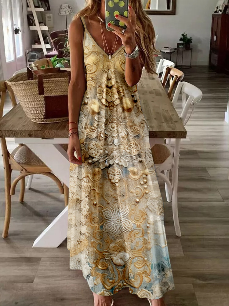 Vintage Lace Collage Art V Neck Cami Maxi Dress artswardrobe
