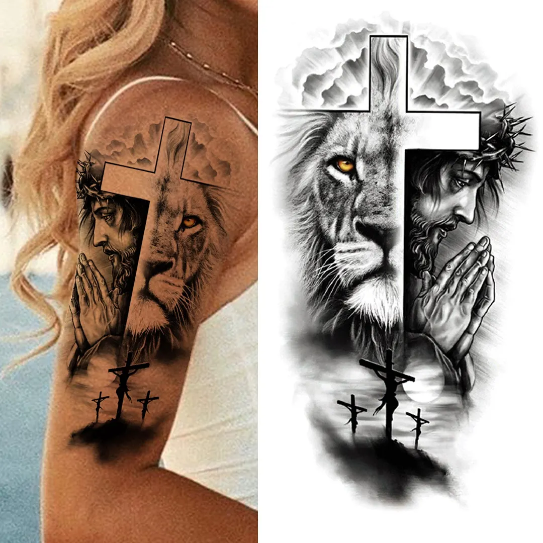 Forest Tiger Temporary Tattoos For Men Women Kids Lion Skull Cross Tattoo Sticker Black Compass Skeleton Tatoos Leg Thigh 1108
